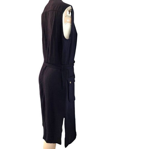 Zara Basic Medium Tie Waist Gold Zipper Dress Navy Blue Sleeveless Side Slits - Picture 3 of 6